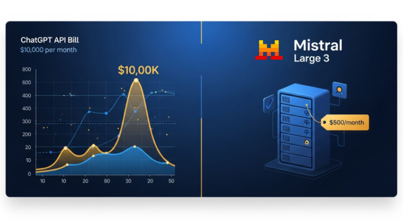 A split-screen graphic comparing AI costs. The left side is titled 'ChatGPT API Bill $10,000 per month' and features a line graph with a sharp, high peak labeled '$10,00K'. The right side is titled 'Mistral Large 3' and displays the Mistral logo above a blue 3D server rack illustration with a price tag attached that reads '$500/month'.